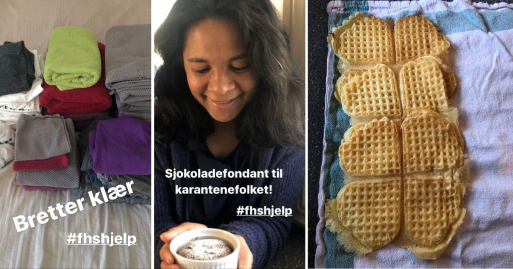Bilder av brette klær, baking og vafler.