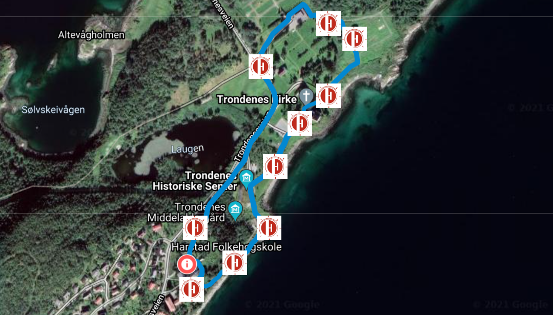 kart over ruta Harstad Hidden Stories. Ti markeringer på kartet hvor de ulike monologene ligger.