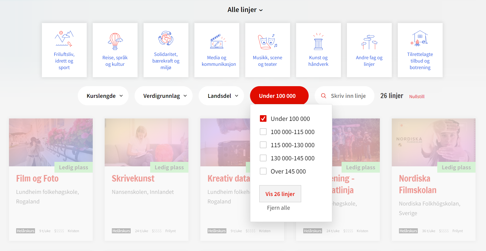 Skjermbilde fra nettsiden folkehogskole.no