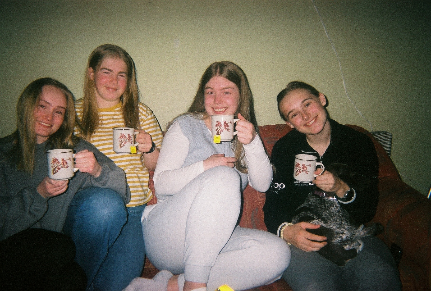 Fire unge kvinner sitter i en sofa med hver sin rosa kopp i hånda.