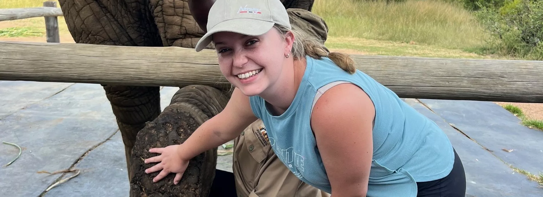 Happy girl petting elefant