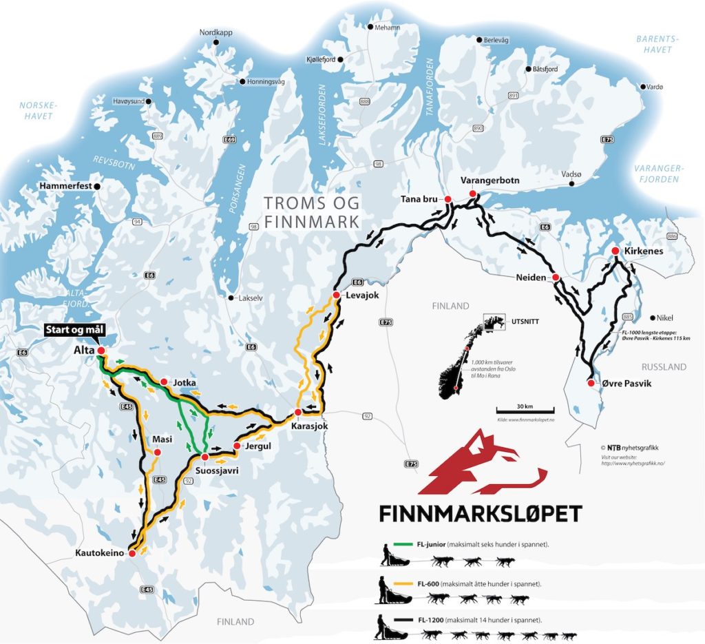 Kart obver Finnmarksløpet og sjekkpunkter underveis