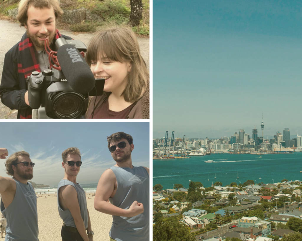Collage med bilder fra folkehøgskoleåret. Bilde av utelandsk by, tre mannlige elever som viser muskler på stranda og en mannlig og en kvinnelig elev som filmer.