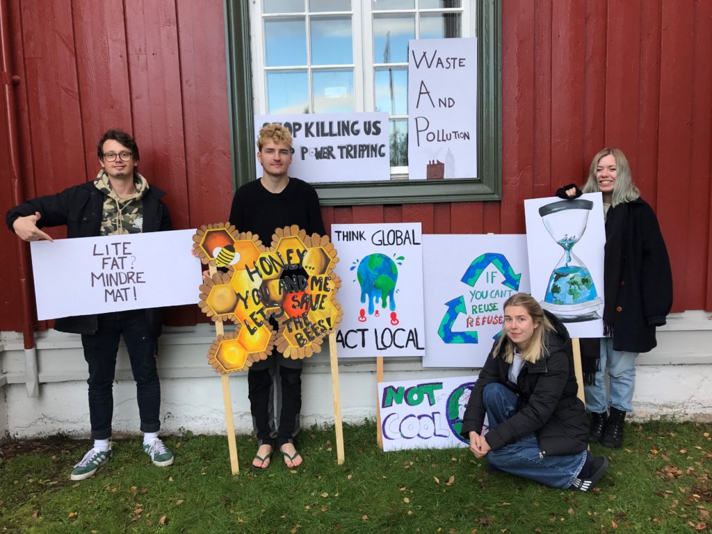 elever med plakater, klimamarsj, Elverum folkehøgskole