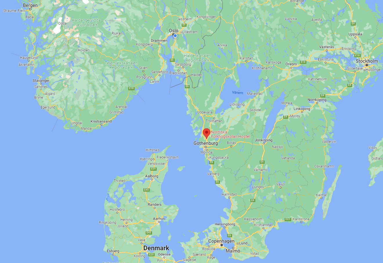 Kart der Nordiska folkhögskolan er markert