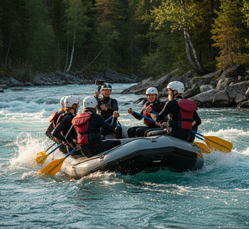 bilde av en gjeng unge mennesker som rafter, en av dem filmer med en mobil