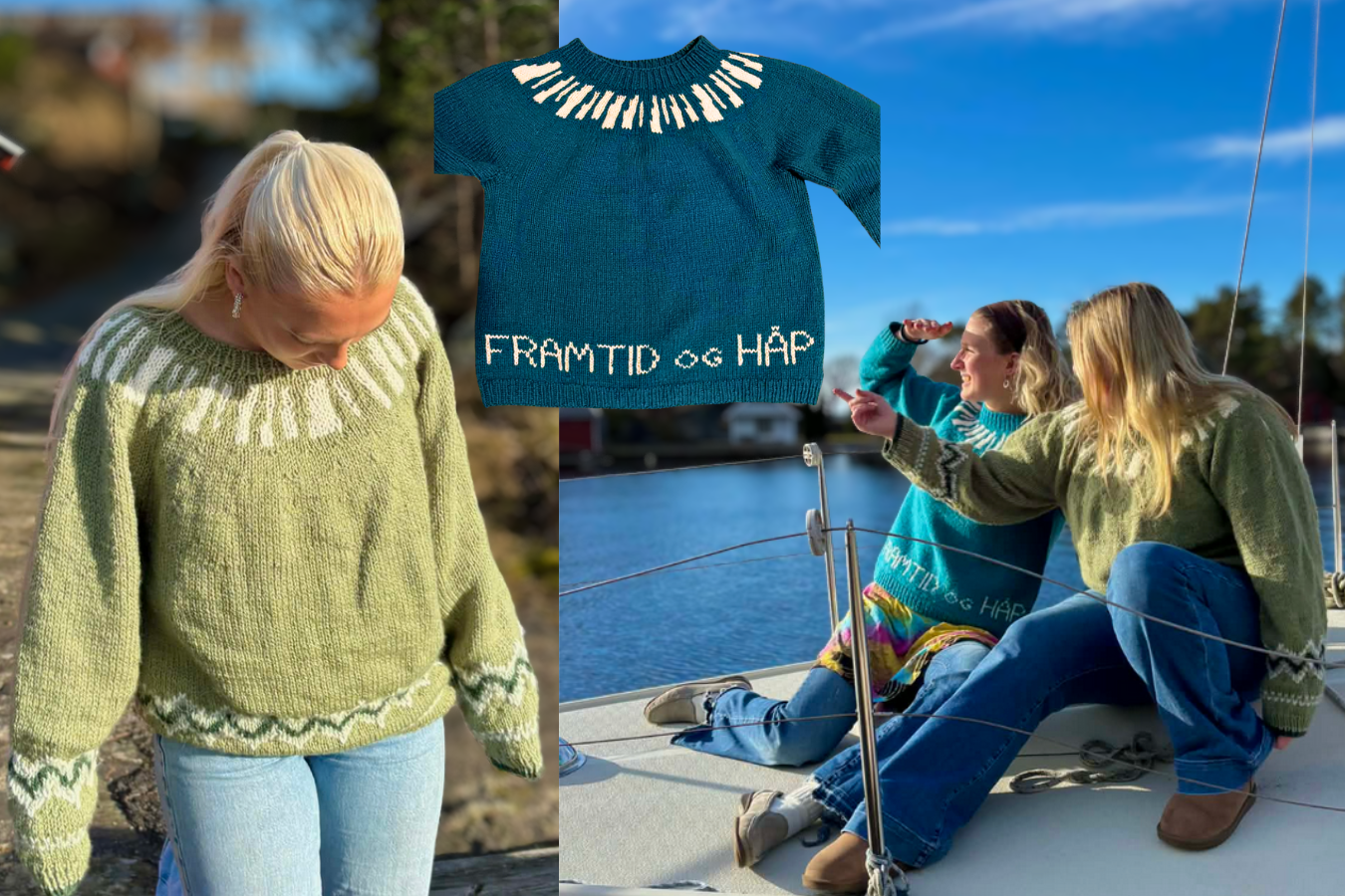 Collage som viser tre bilder: (fra venstre) jente i grønn strikkegenser, blå genser med teksten 
